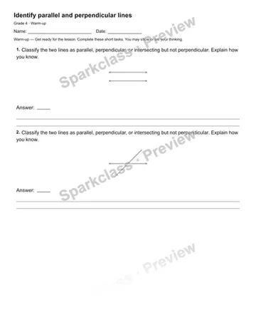 Identify parallel and perpendicular lines — Warm-up — Grade 4 worksheet preview