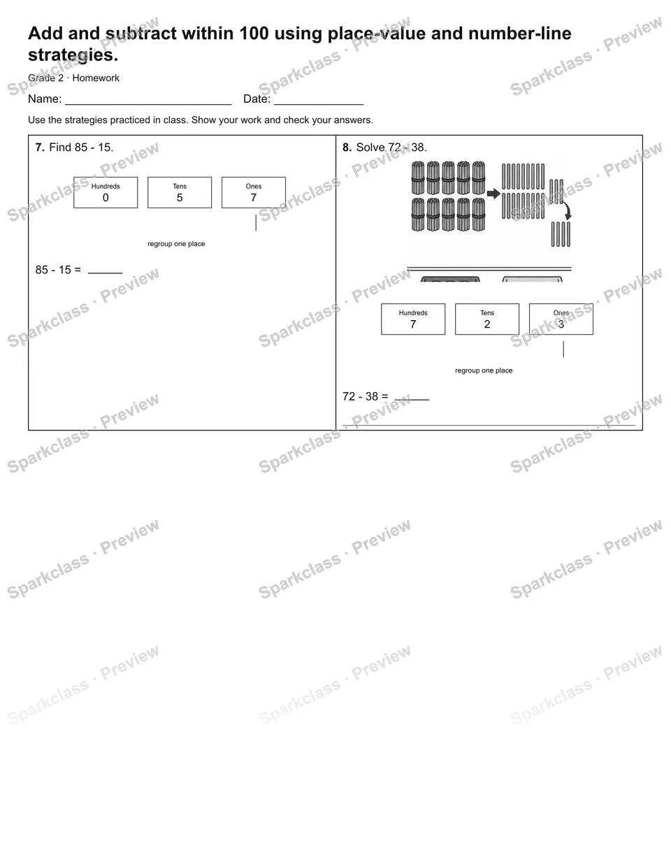 Add and subtract within 100 using place-value and number-line strategies. — Homework — page 2