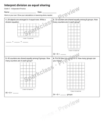Interpret division as equal sharing — Independent Practice — Grade 3 worksheet preview