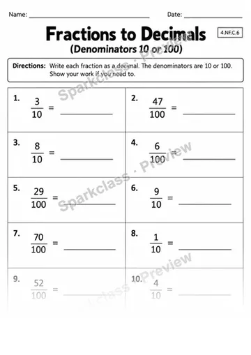 4.NF.C.6 · 6 Decimal Fractions Variant 01 Lowcoverage — Grade 4 worksheet preview