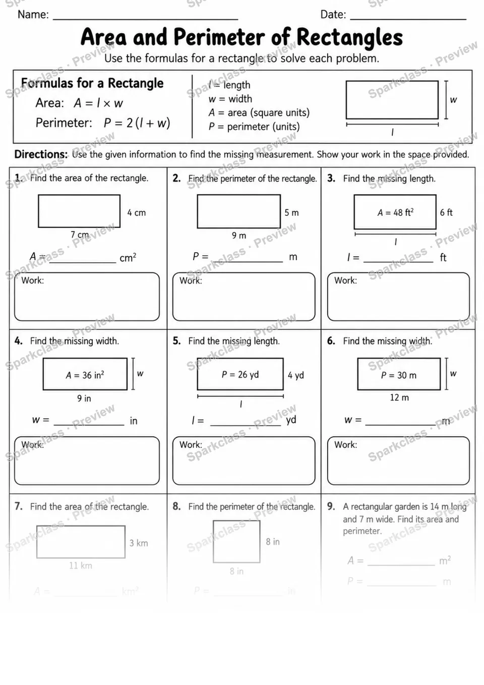 3 Area Perimeter Formulas Variant 2 — page 1
