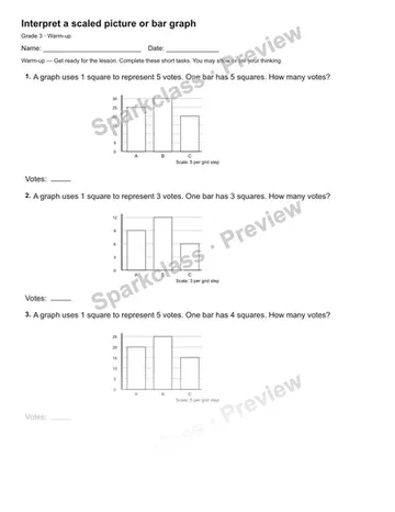 Interpret a scaled picture or bar graph — Warm-up — Grade 3 worksheet preview