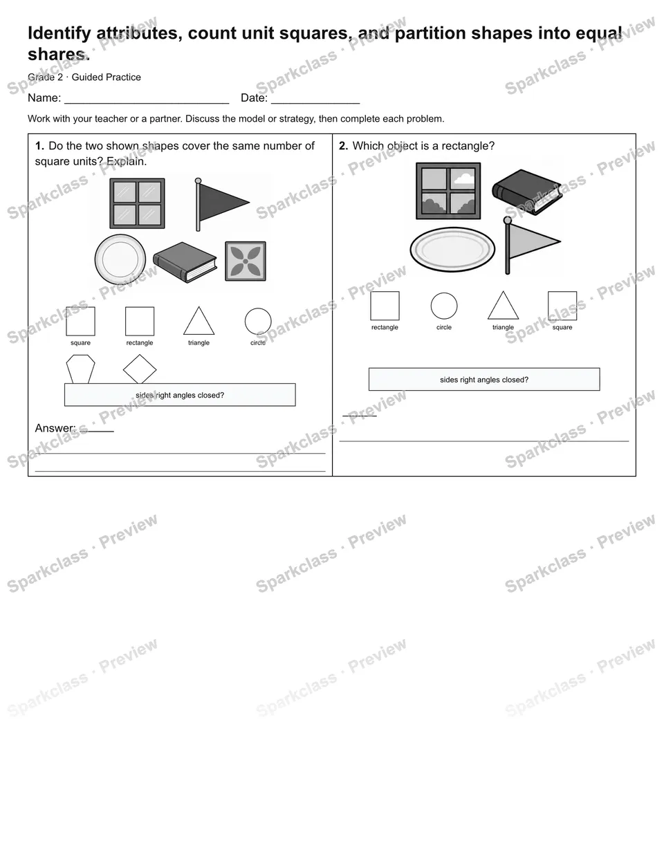 Identify attributes, count unit squares, and partition shapes into equal shares. — Guided Practice — page 1
