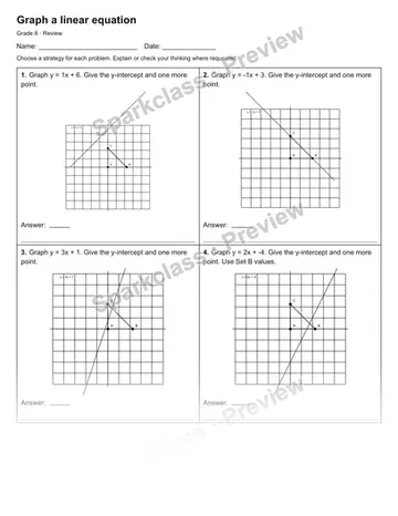 Graph a linear equation — Review — Grade 8 worksheet preview
