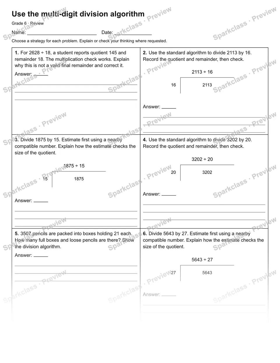 Use the multi-digit division algorithm — Review — page 1