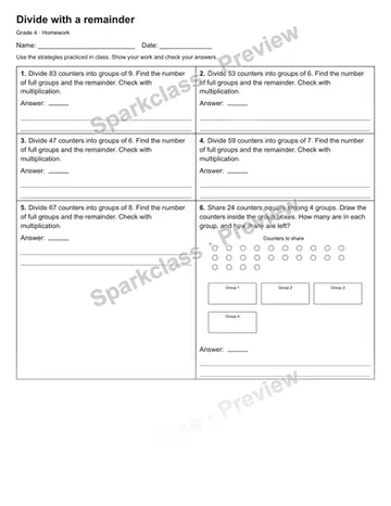 Divide with a remainder — Homework — Grade 4 worksheet preview