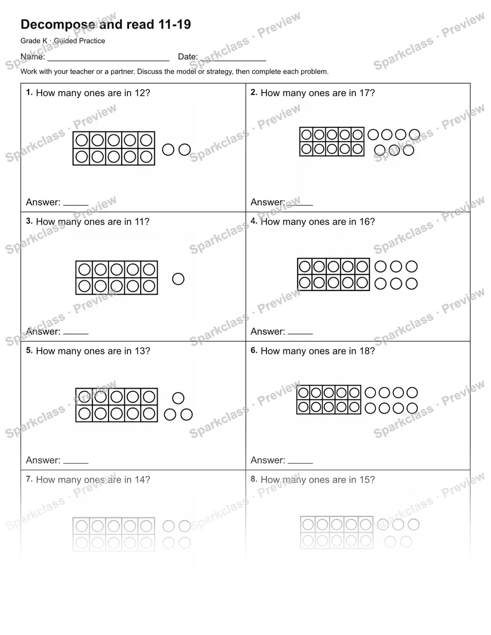 Decompose and read 11-19 — Guided Practice — page 1