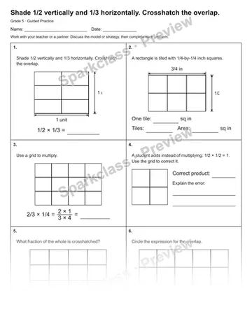 Shade 1/2 vertically and 1/3 horizontally. Crosshatch the overlap. — Guided Practice — Grade 5 worksheet preview