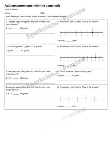 Add measurements with the same unit — Review — Grade 3 worksheet preview