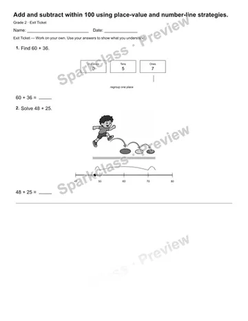 Add and subtract within 100 using place-value and number-line strategies. — Exit Ticket — Grade 2 worksheet preview