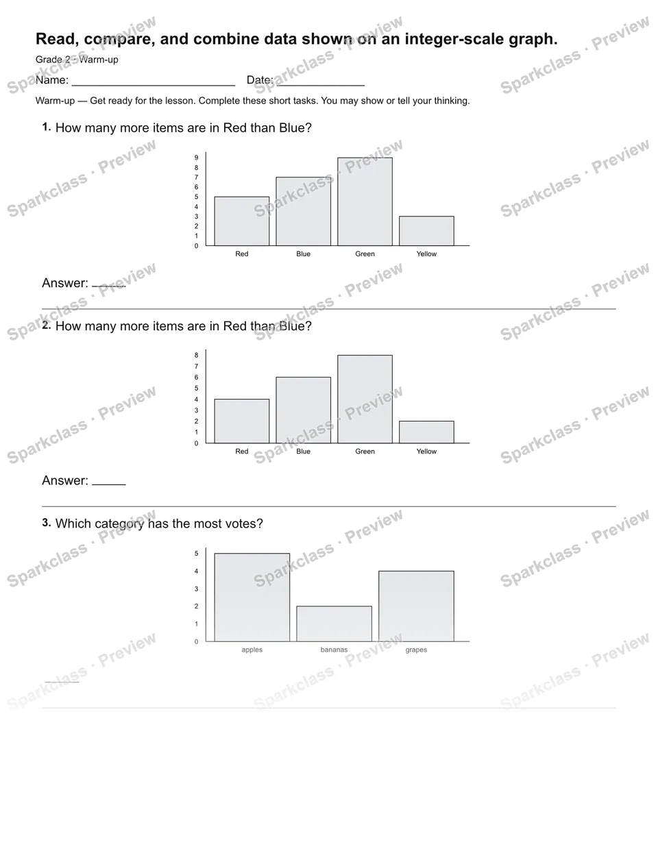 Read, compare, and combine data shown on an integer-scale graph. — Warm-up — page 1