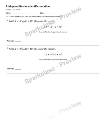 Add quantities in scientific notation — Exit Ticket — Grade 8 worksheet preview
