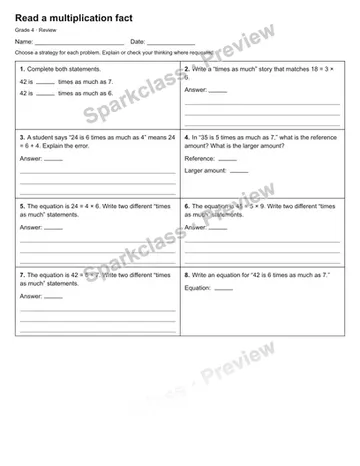 Read a multiplication fact — Review — Grade 4 worksheet preview