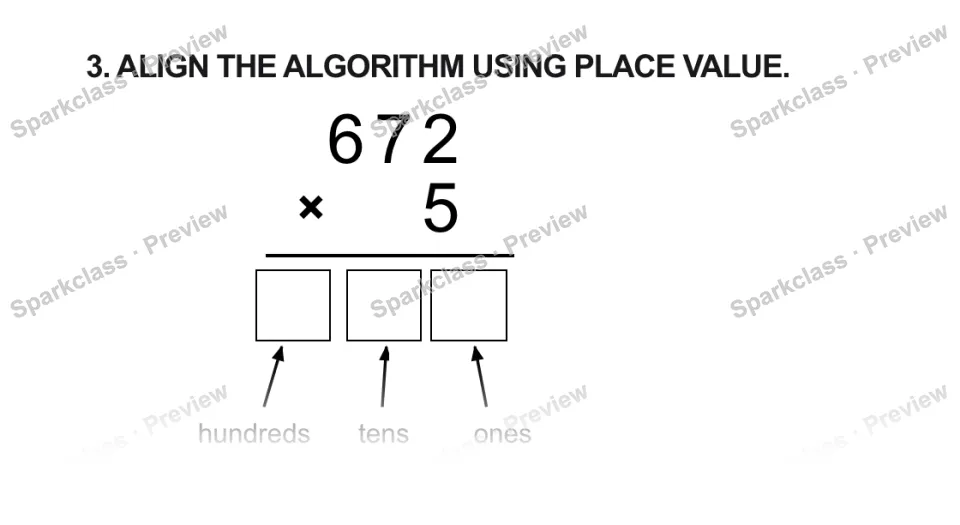 3. ALIGN THE ALGORITHM USING PLACE VALUE. 6 7 2 × 5 hundreds tens ones — page 1