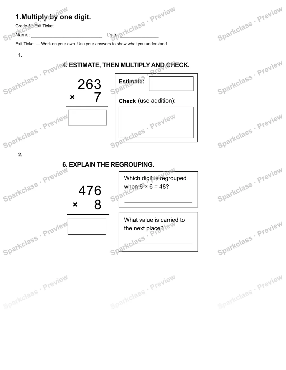 1.Multiply by one digit. — Exit Ticket — page 1