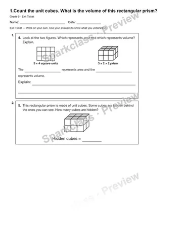 1.Count the unit cubes. What is the volume of this rectangular prism? — Exit Ticket — Grade 5 worksheet preview