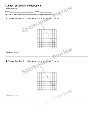 Connect equations and functions — Exit Ticket — Grade 8 worksheet preview