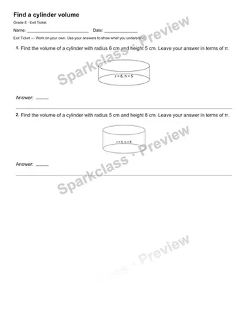 Find a cylinder volume — Exit Ticket — Grade 8 worksheet preview