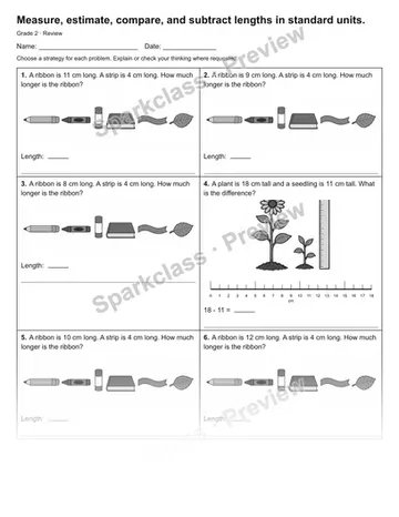 Measure, estimate, compare, and subtract lengths in standard units. — Review — Grade 2 worksheet preview