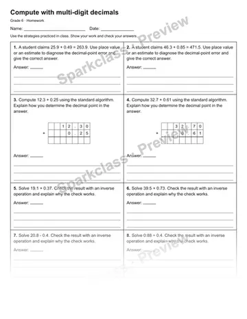 Compute with multi-digit decimals — Homework — Grade 6 worksheet preview