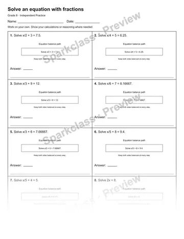 Solve an equation with fractions — Independent Practice — Grade 8 worksheet preview