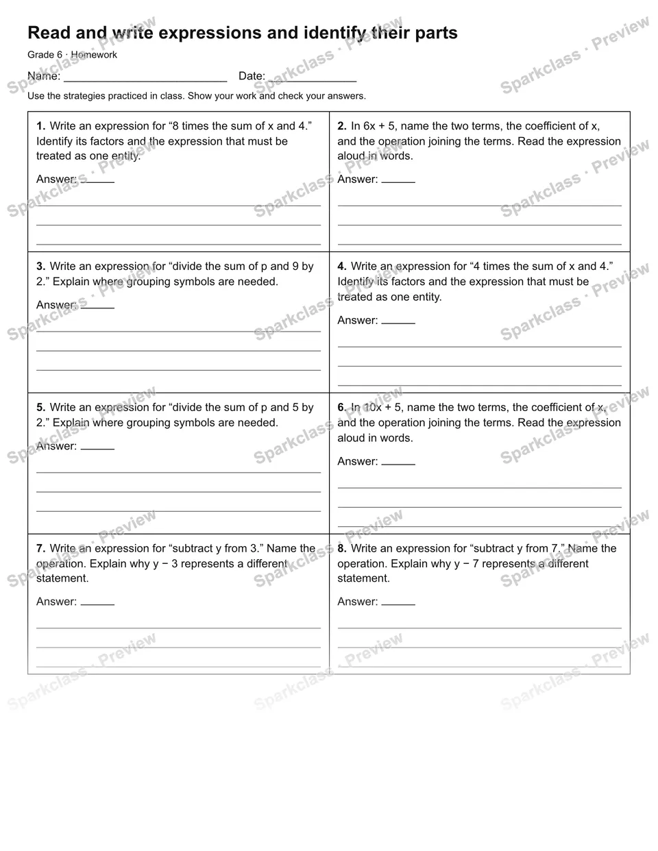 Read and write expressions and identify their parts — Homework — page 1
