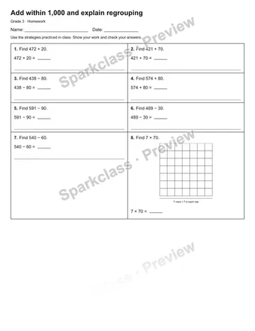 Add within 1,000 and explain regrouping — Homework — Grade 3 worksheet preview