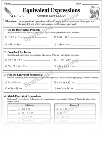 4 Equivalent Expressions Independent 3 — Grade 6 worksheet preview