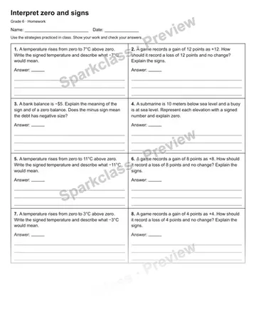 Interpret zero and signs — Homework — Grade 6 worksheet preview