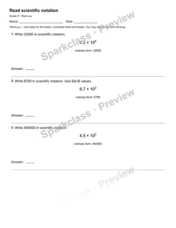 Read scientific notation — Warm-up — Grade 8 worksheet preview