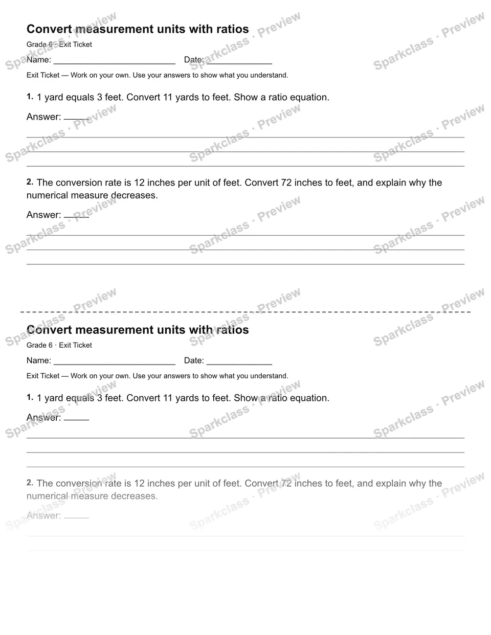 Convert measurement units with ratios — Exit Ticket — page 1