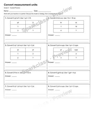 Convert measurement units — Guided Practice — Grade 4 worksheet preview