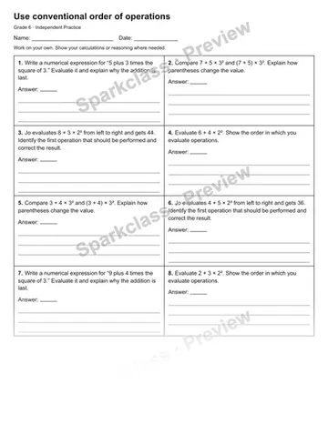 Use conventional order of operations — Independent Practice — Grade 6 worksheet preview
