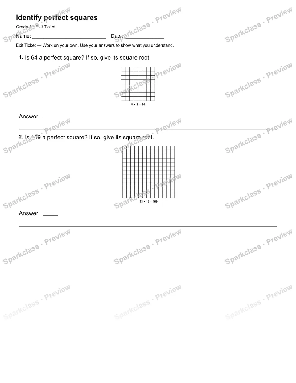 Identify perfect squares — Exit Ticket — page 1