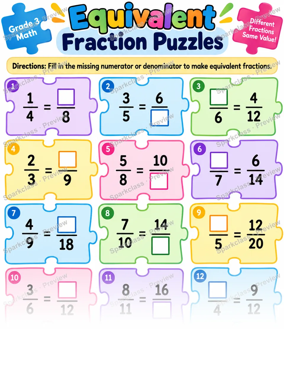 Equivalent Fraction Puzzle — page 1
