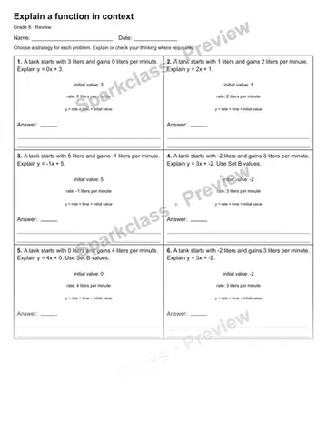 Explain a function in context — Review — Grade 8 worksheet preview