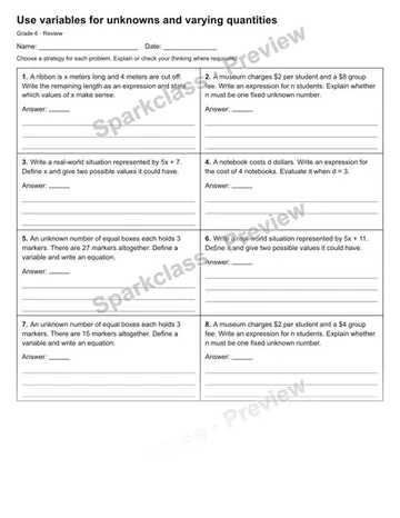 Use variables for unknowns and varying quantities — Review — Grade 6 worksheet preview