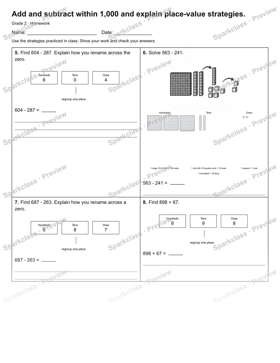 Add and subtract within 1,000 and explain place-value strategies. — Homework — page 2
