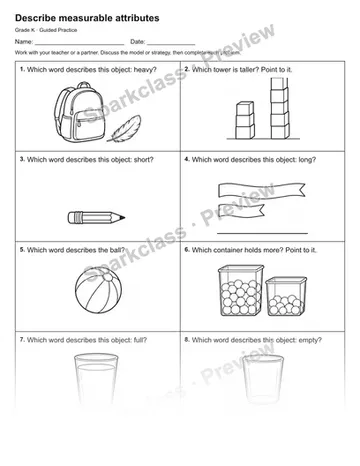 Describe measurable attributes — Guided Practice — Kindergarten worksheet preview