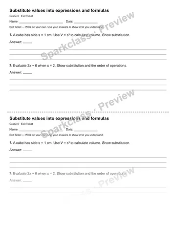 Substitute values into expressions and formulas — Exit Ticket — Grade 6 worksheet preview