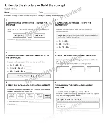 1. Identify the structure — Build the concept — Review — Grade 5 worksheet preview