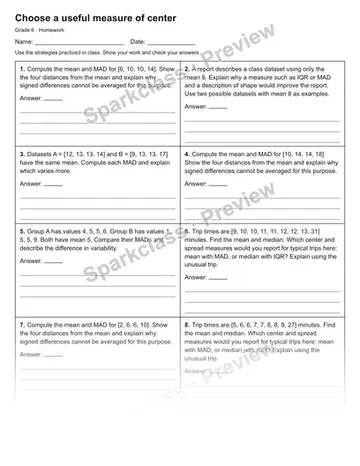 Choose a useful measure of center — Homework — Grade 6 worksheet preview