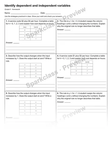 Identify dependent and independent variables — Homework — Grade 6 worksheet preview