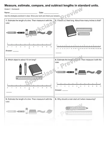 Measure, estimate, compare, and subtract lengths in standard units. — Homework — Grade 2 worksheet preview