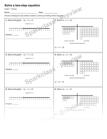 Solve a two-step equation — Review — Grade 7 worksheet preview