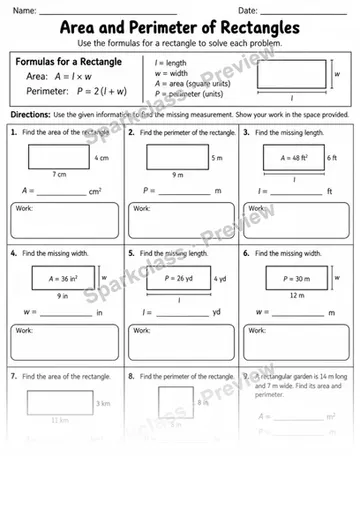 3 Area Perimeter Formulas Variant 2 — Grade 4 worksheet preview