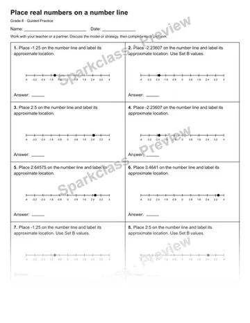 Place real numbers on a number line — Guided Practice — Grade 8 worksheet preview