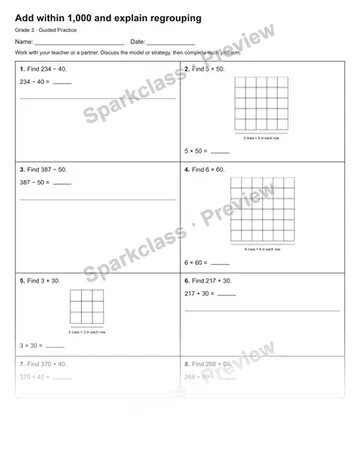 Add within 1,000 and explain regrouping — Guided Practice — Grade 3 worksheet preview
