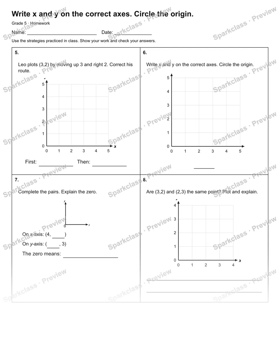 Write x and y on the correct axes. Circle the origin. — Homework — page 2