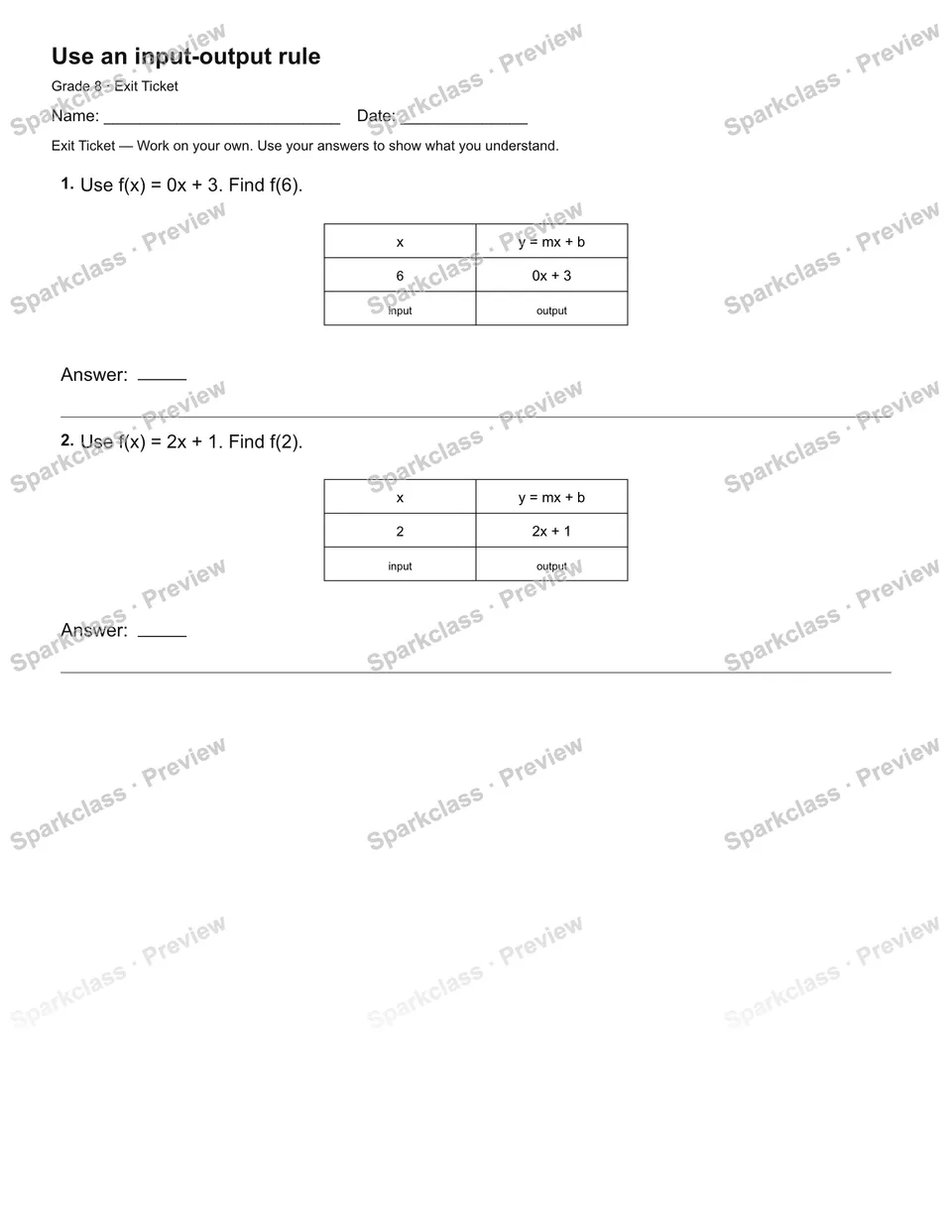 Use an input-output rule — Exit Ticket — page 1